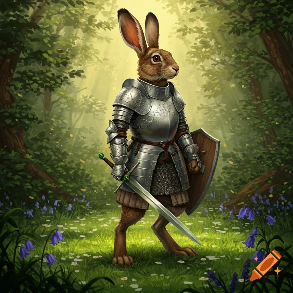 A detailed digital painting of an anthropomorphic hare knight in shining armor, holding a sword and shield in a forest.