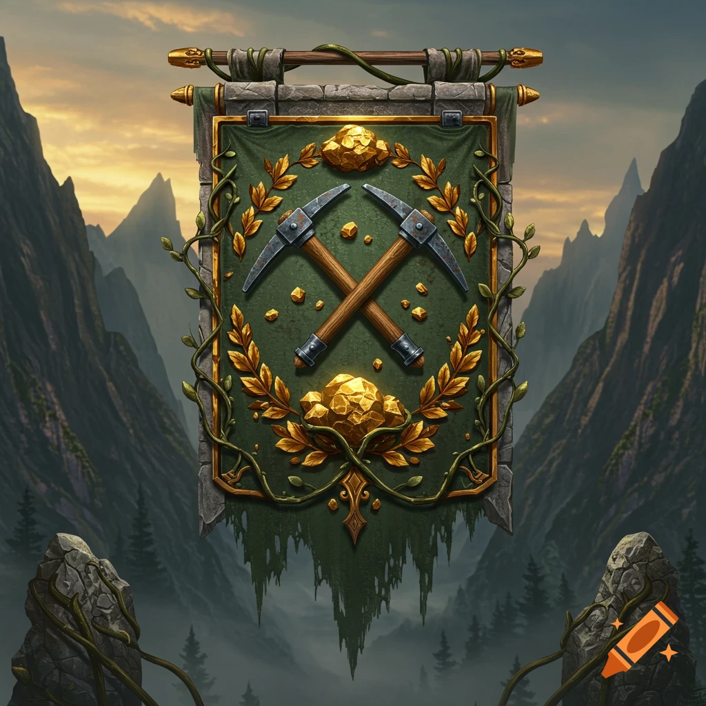 A fantasy banner featuring crossed pickaxes, golden nuggets, and a laurel wreath, set against a backdrop of misty mountains and an orange sky.