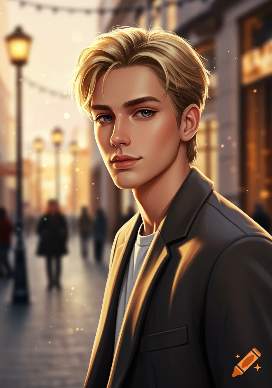 A stylized portrait of a young man with blonde hair and blue eyes, wearing a dark jacket, standing on a city street at sunset.