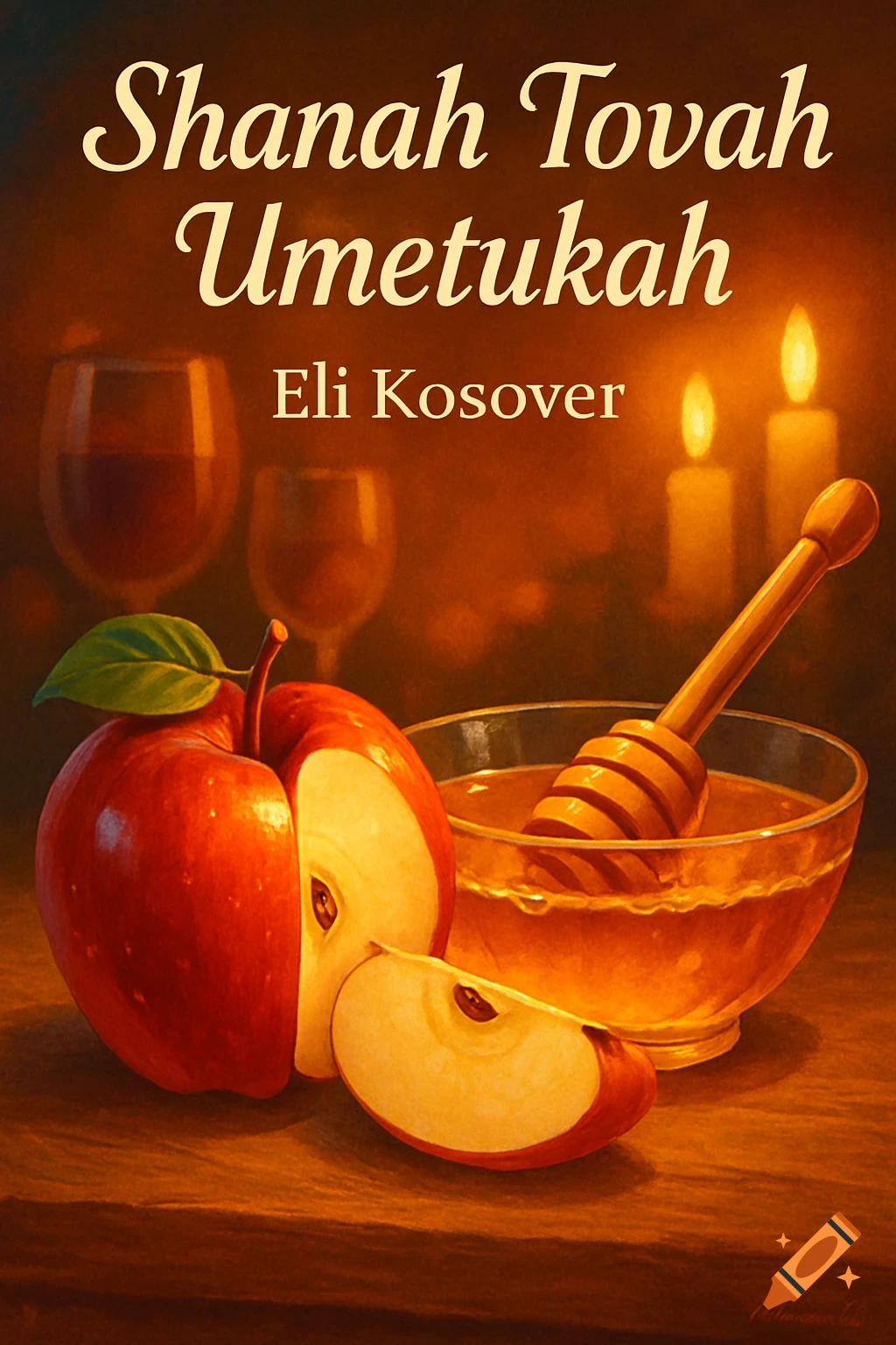 Painterly still life with red apples, a bowl of honey and dipper, and lit candles, with Hebrew holiday text.