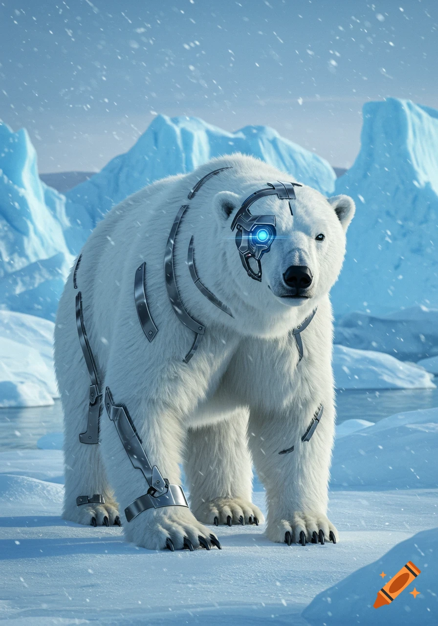 Photorealistic cyborg polar bear with glowing blue eye standing in a snowy arctic landscape with icebergs.
