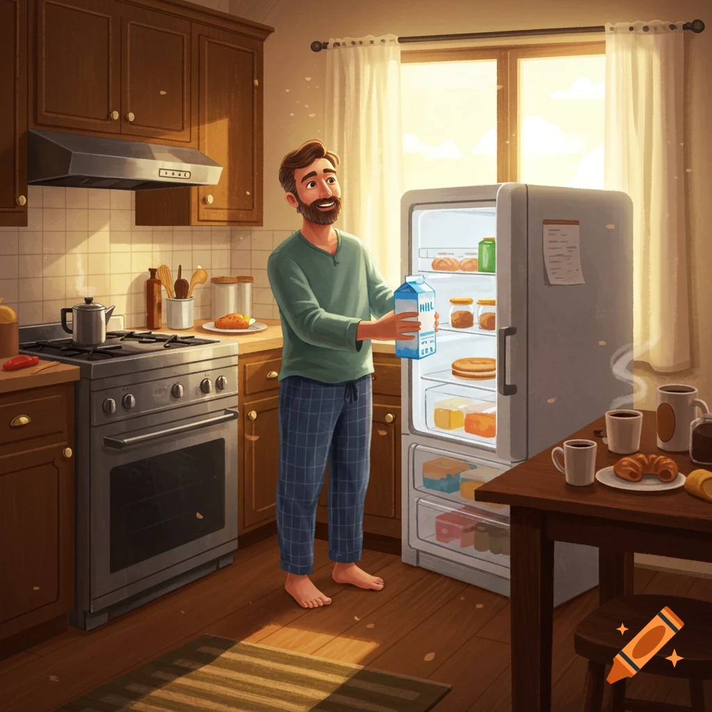 A barefoot bearded man in pajamas holds milk in a sunlit kitchen with an open fridge and breakfast on a table, in an illustrative style.