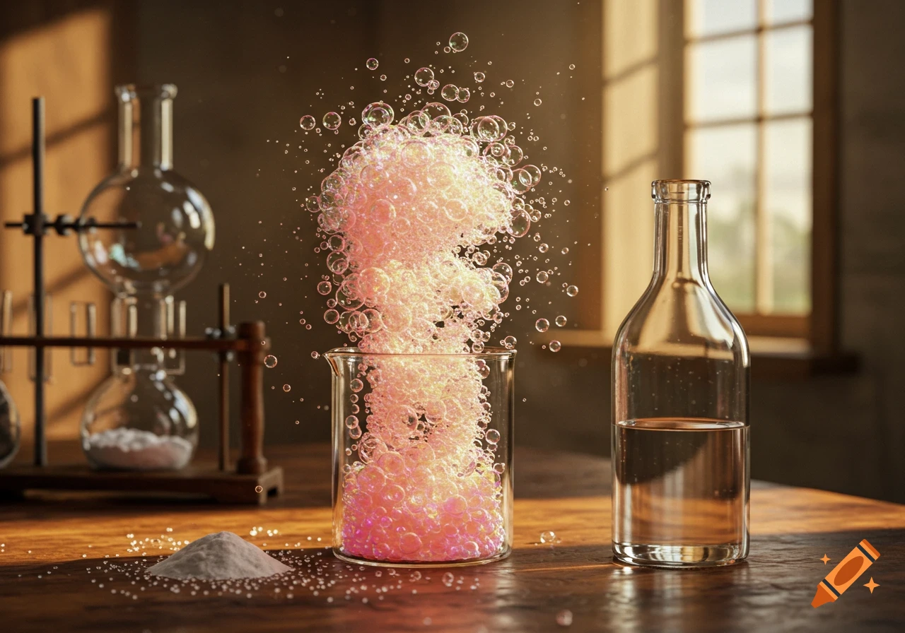 Pink and white bubbles erupt from a beaker on a wooden table in a laboratory setting, with other glassware nearby.