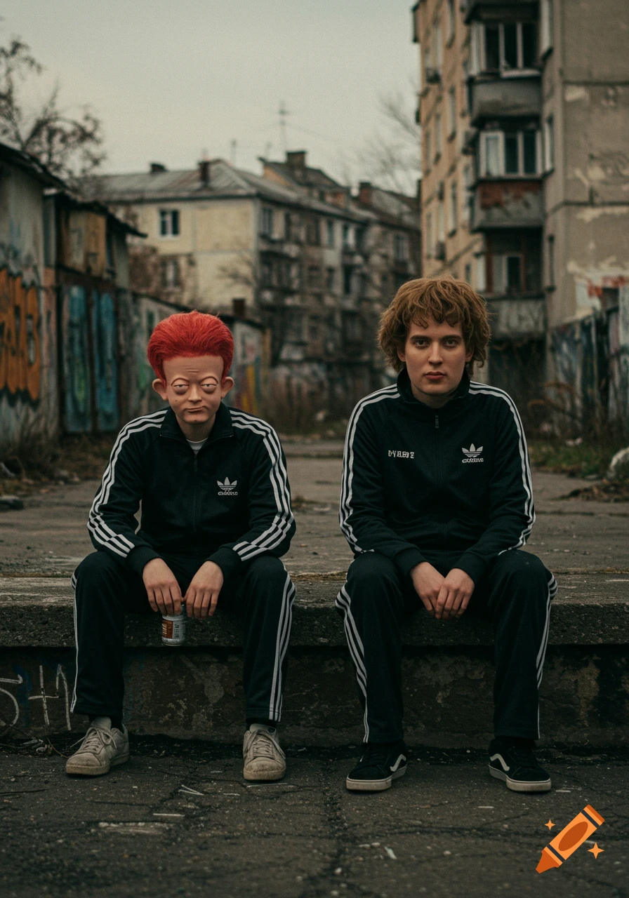 Two figures in tracksuits, one with a cartoonish red-haired face, sit on a concrete slab in a run-down urban setting.