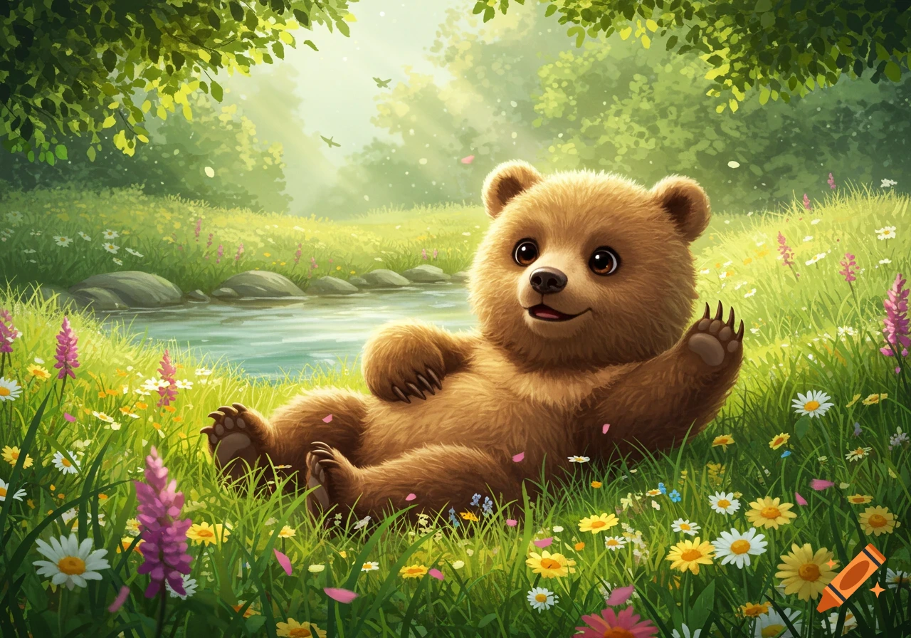 A cute, fluffy brown bear cub smiles while lying in a lush, green meadow with colorful wildflowers next to a stream, under sun-dappled trees.