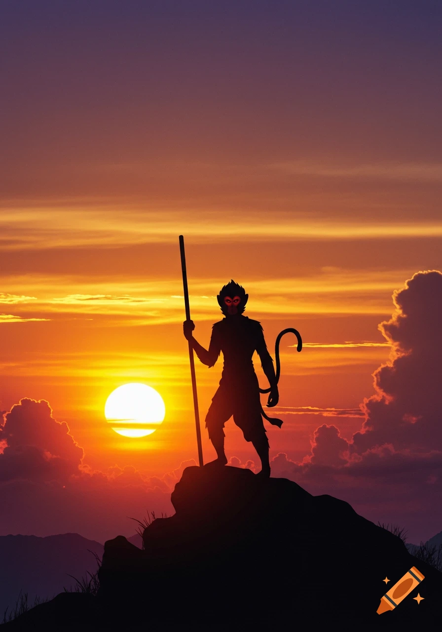 Silhouette of a monkey god holding a staff on a rocky peak against a vibrant orange and purple sunset.