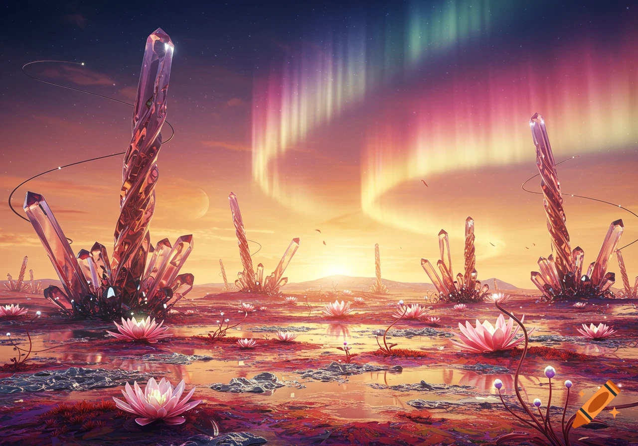 A vibrant, surreal landscape featuring tall glowing crystals and pink lotus flowers under a colorful aurora borealis sky.