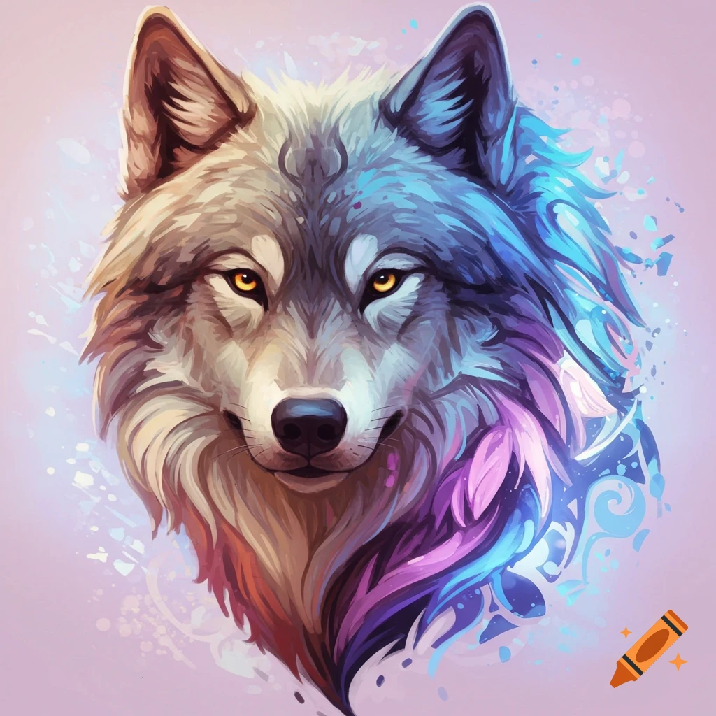 Stylized wolf head, half realistic, half abstract with blue, purple, and orange swirling patterns on a light background.