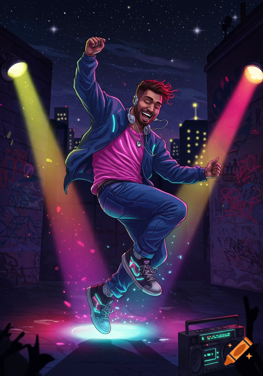 Vibrant cartoon illustration of a joyful man dancing and jumping in a neon-lit urban street at night with a boombox.
