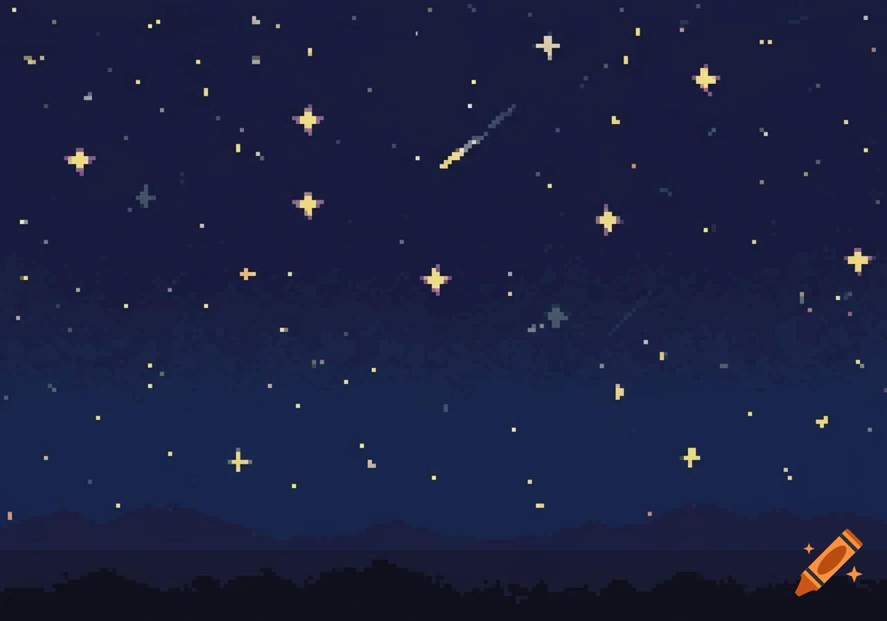 8-bit pixel art night sky with numerous yellow stars and two shooting stars over dark mountain silhouettes.