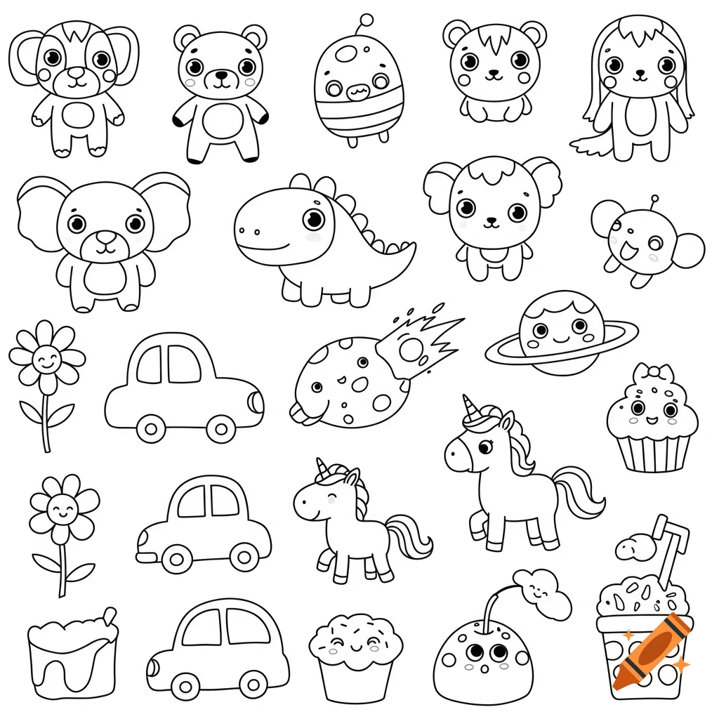 Collection of simple black and white line art for coloring, featuring cute animals, cars, flowers, and cartoon objects.