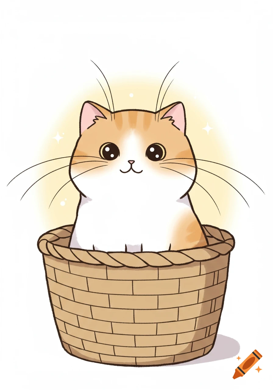 A cute orange and white cartoon cat with big eyes and long whiskers sits in a woven basket.