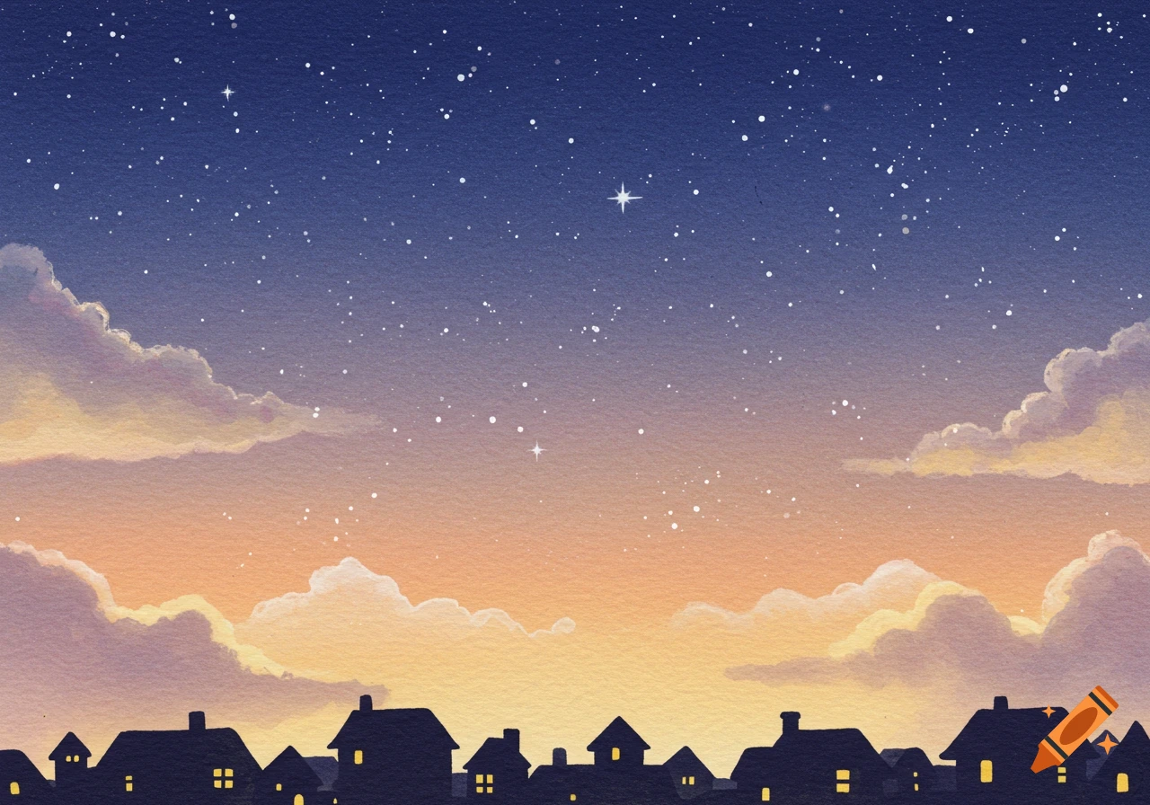 A watercolor illustration of a starry night sky over a silhouetted town, with warm-colored clouds at the horizon.