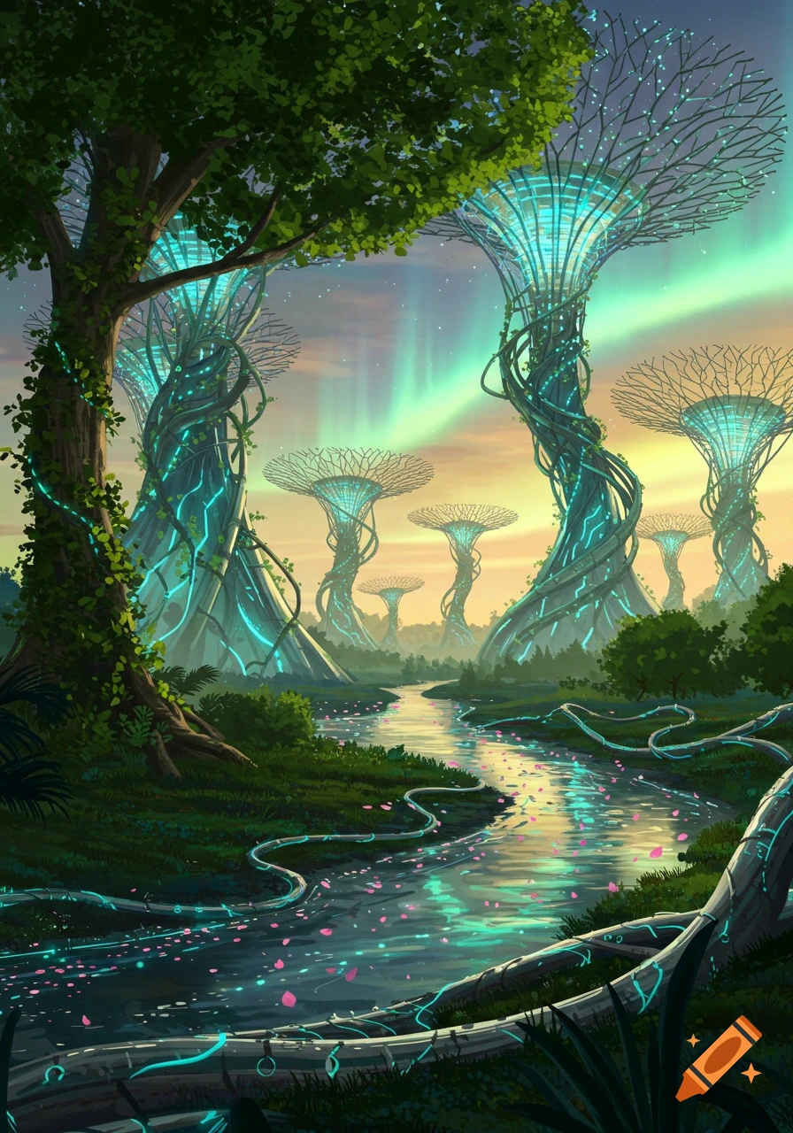 Vibrant fantasy landscape with glowing, futuristic trees, a winding river, and a colorful aurora illuminating the twilight sky.