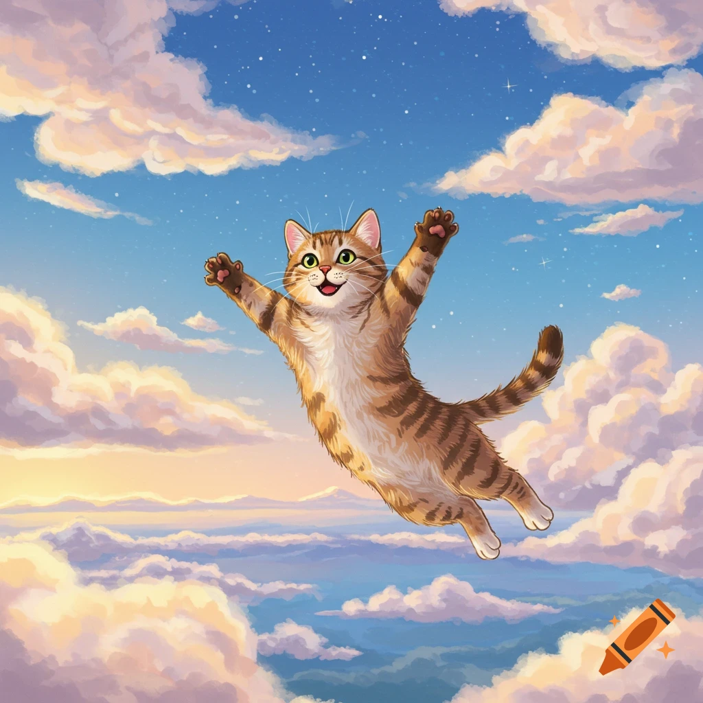 A happy, striped cartoon cat flies spread-eagled through a bright blue sky filled with fluffy white and orange clouds.