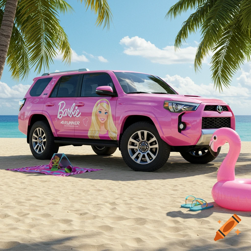 A pink Barbie-themed Toyota 4Runner SUV is parked on a sandy beach under palm trees, with a pink flamingo float.