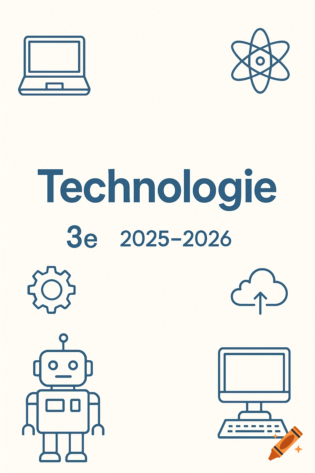 Minimalist cover page for 'Technologie' notebook with blue outline icons of laptop, atom, gear, cloud, robot, and computer.