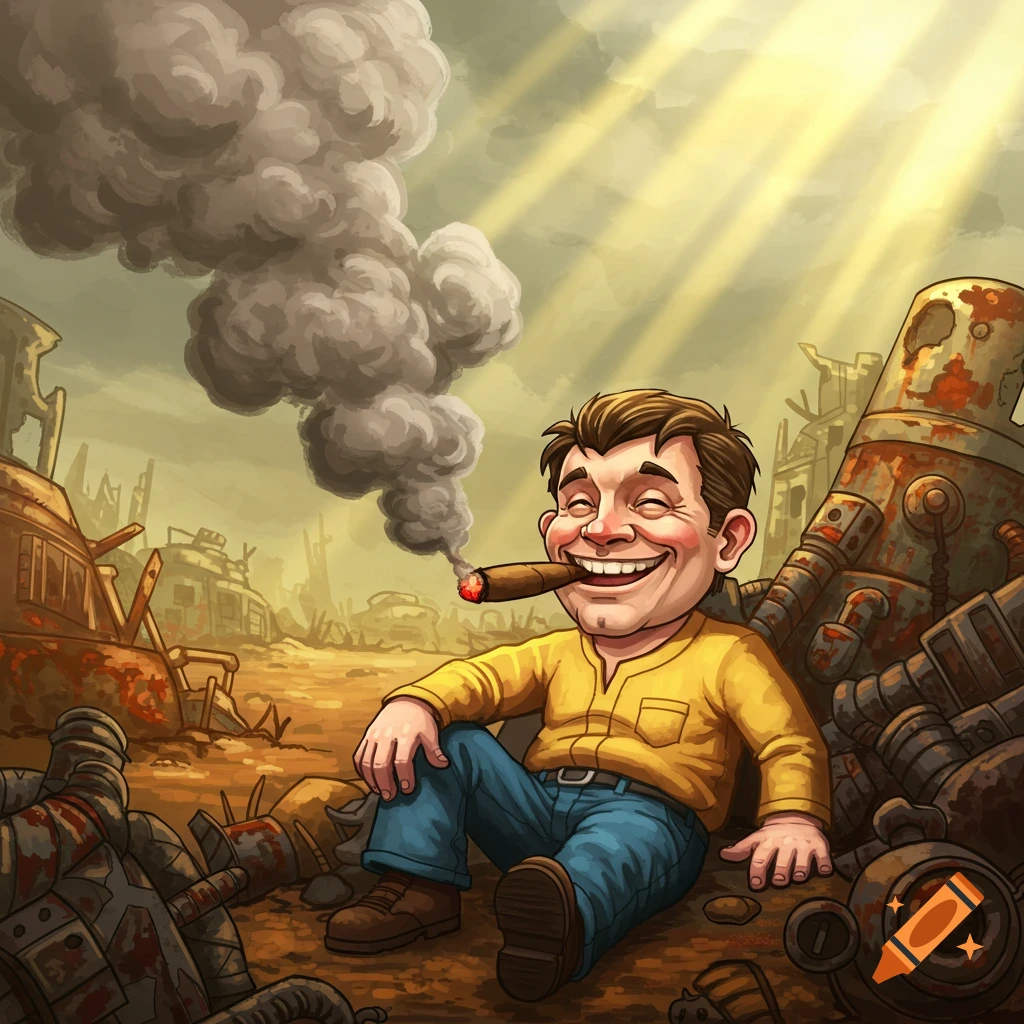 Happy cartoon man smoking a large cigar in a desolate, post-apocalyptic wasteland with rusty debris and sun rays.