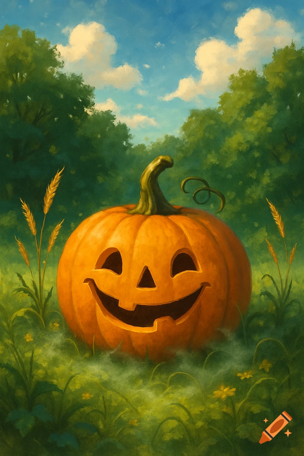 A smiling jack-o'-lantern sits in a grassy, misty field surrounded by trees under a blue sky with clouds, in a painterly style.