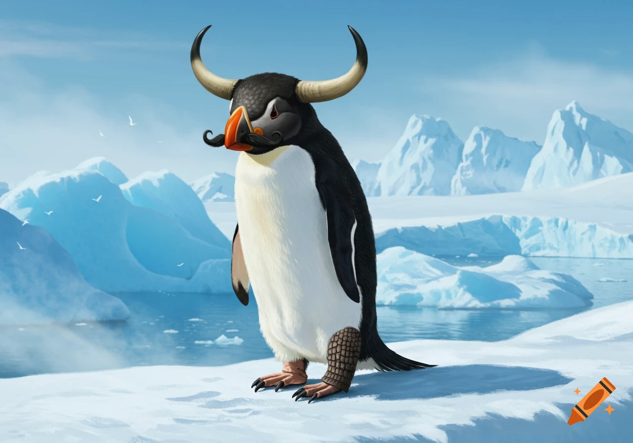 A whimsical penguin with a puffin's beak, bull horns, a mustache, and scaly legs stands on an icy plain.