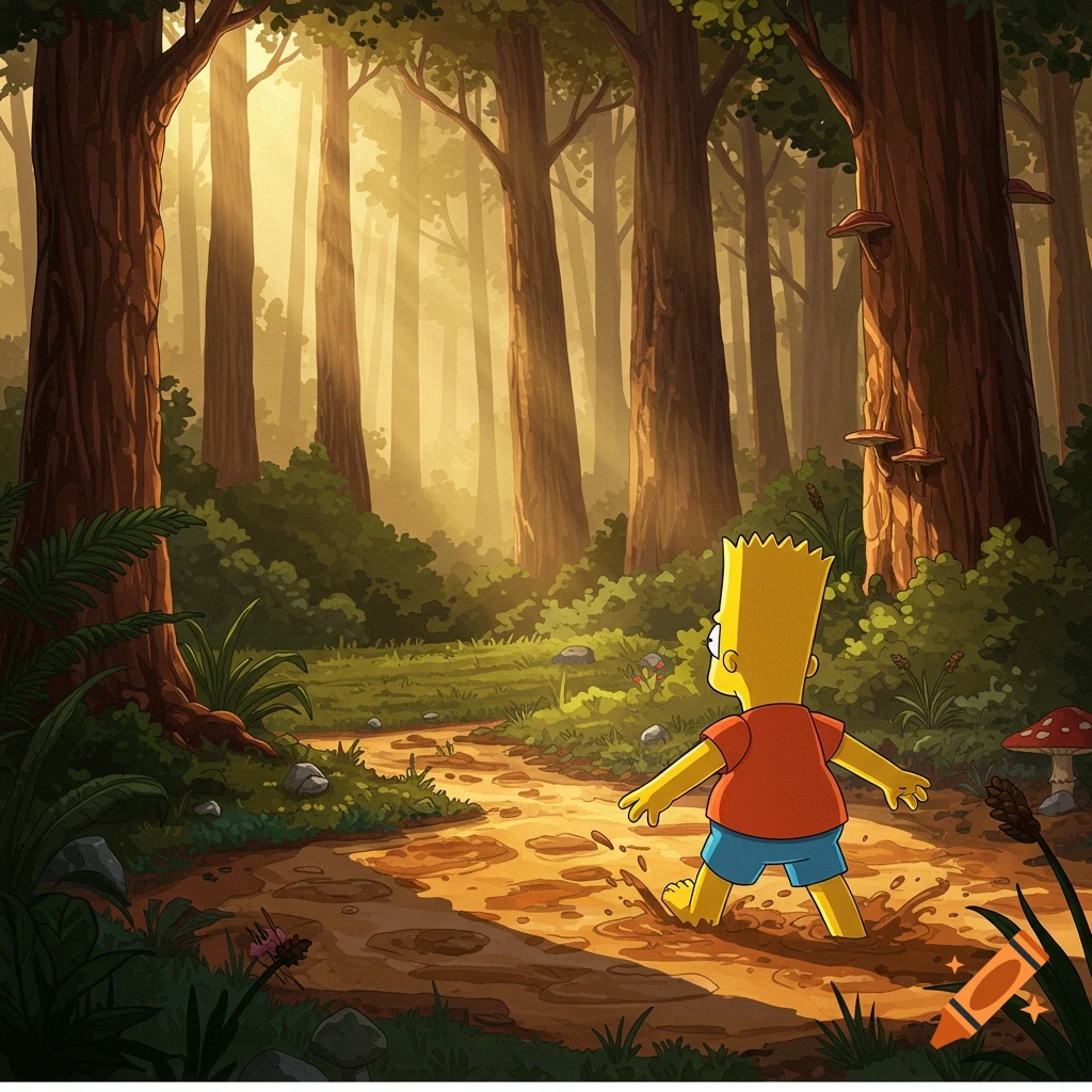 Bart Simpson, barefoot, walks through mud on a sunlit forest path in a cartoon style.