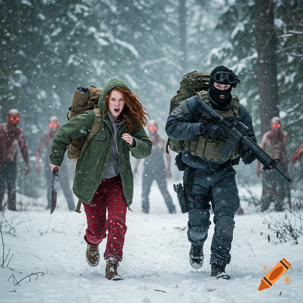 A woman with red hair and a man in tactical gear run from red-eyed zombies through a snowy forest.