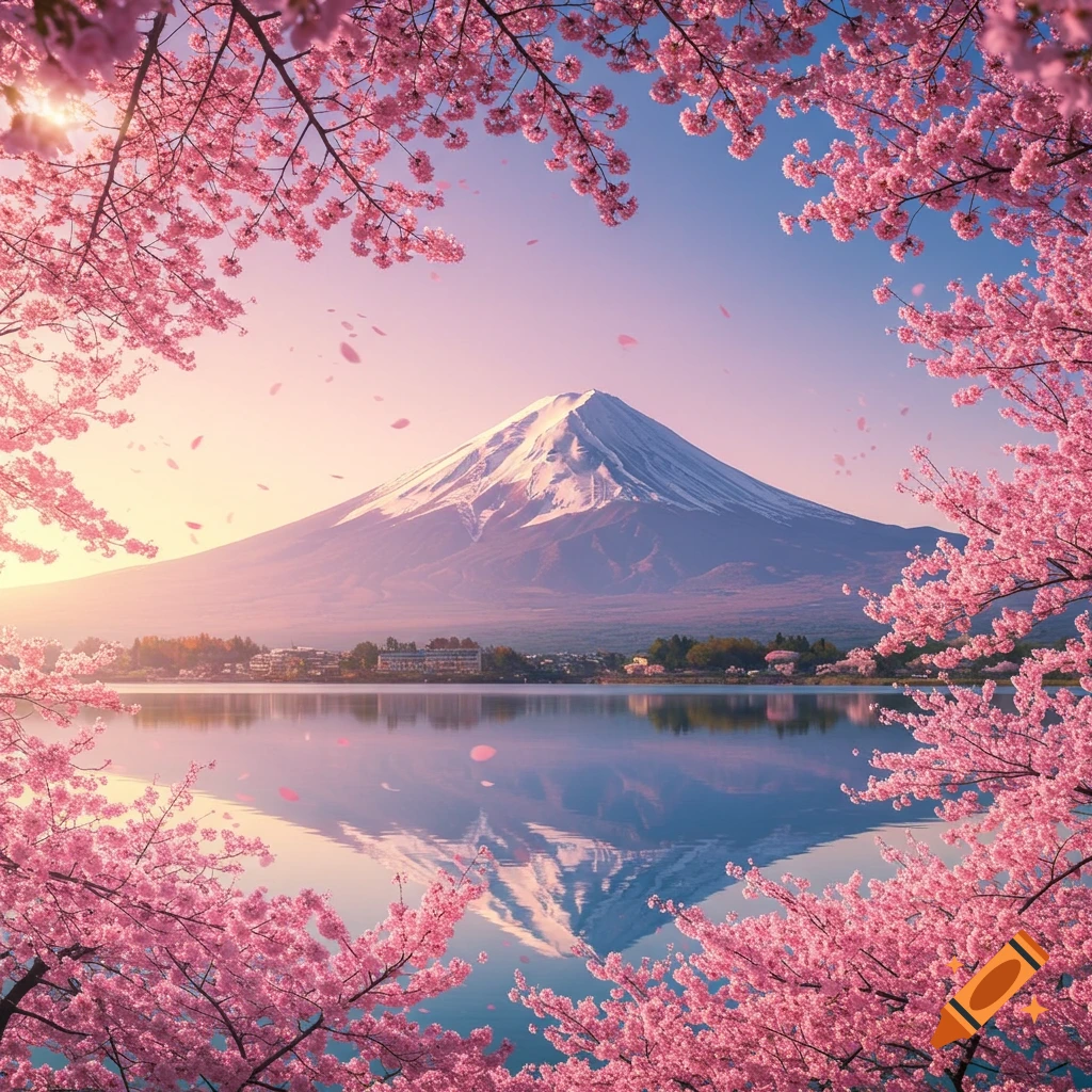 Photorealistic scene of Mt. Fuji reflected in a lake, framed by vibrant pink cherry blossoms at sunrise.