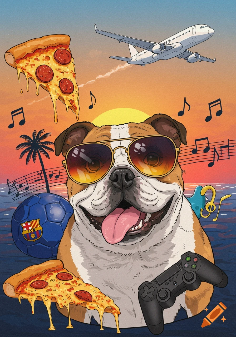 Cartoon bulldog in sunglasses with pizza, game controller, FC Barcelona soccer ball, airplane, music notes, and palm tree at sunset.