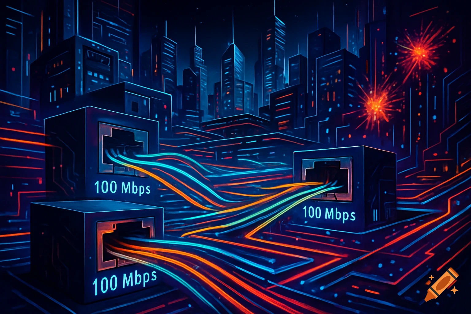 Neon digital art of glowing network cables connected to '100 Mbps' RJ45 ports in a stylized, futuristic city.