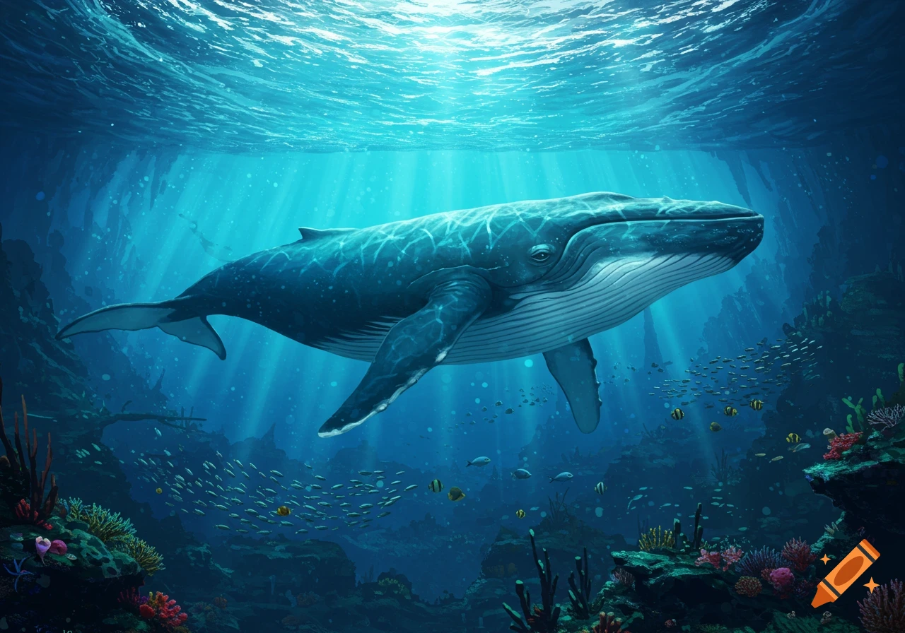 A large blue whale swims gracefully in a brightly lit underwater scene with schools of fish and colorful coral reefs.