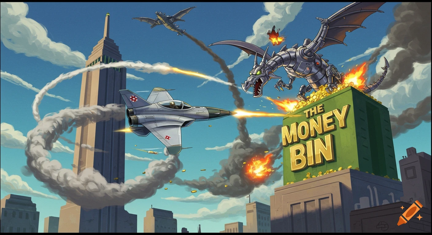 Cartoon jet firing a projectile at a robot dragon perched on a money bin, with another dragon in the sky and a city skyscraper in the background.
