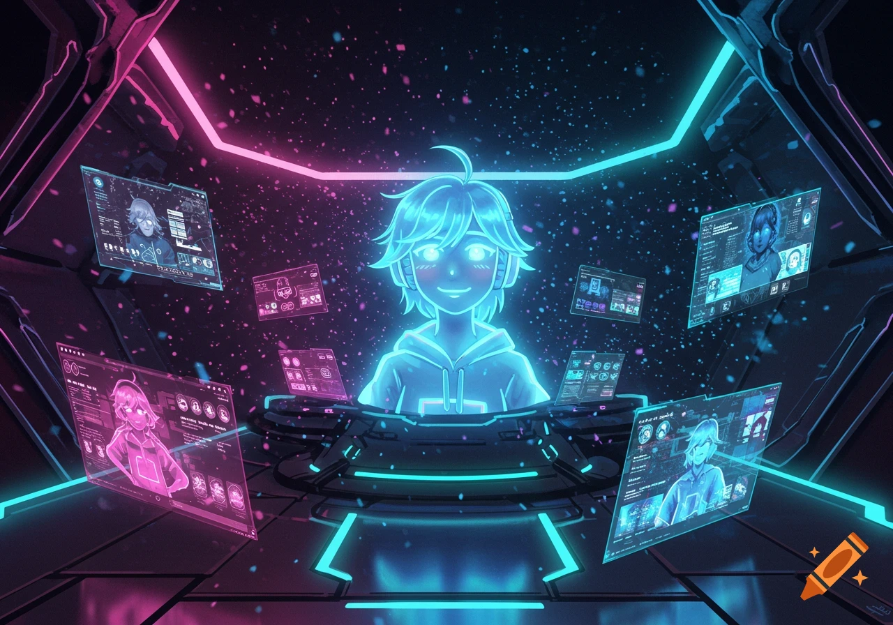Anime character with glowing blue aura and headphones in a dark room with floating pink and blue holographic screens.