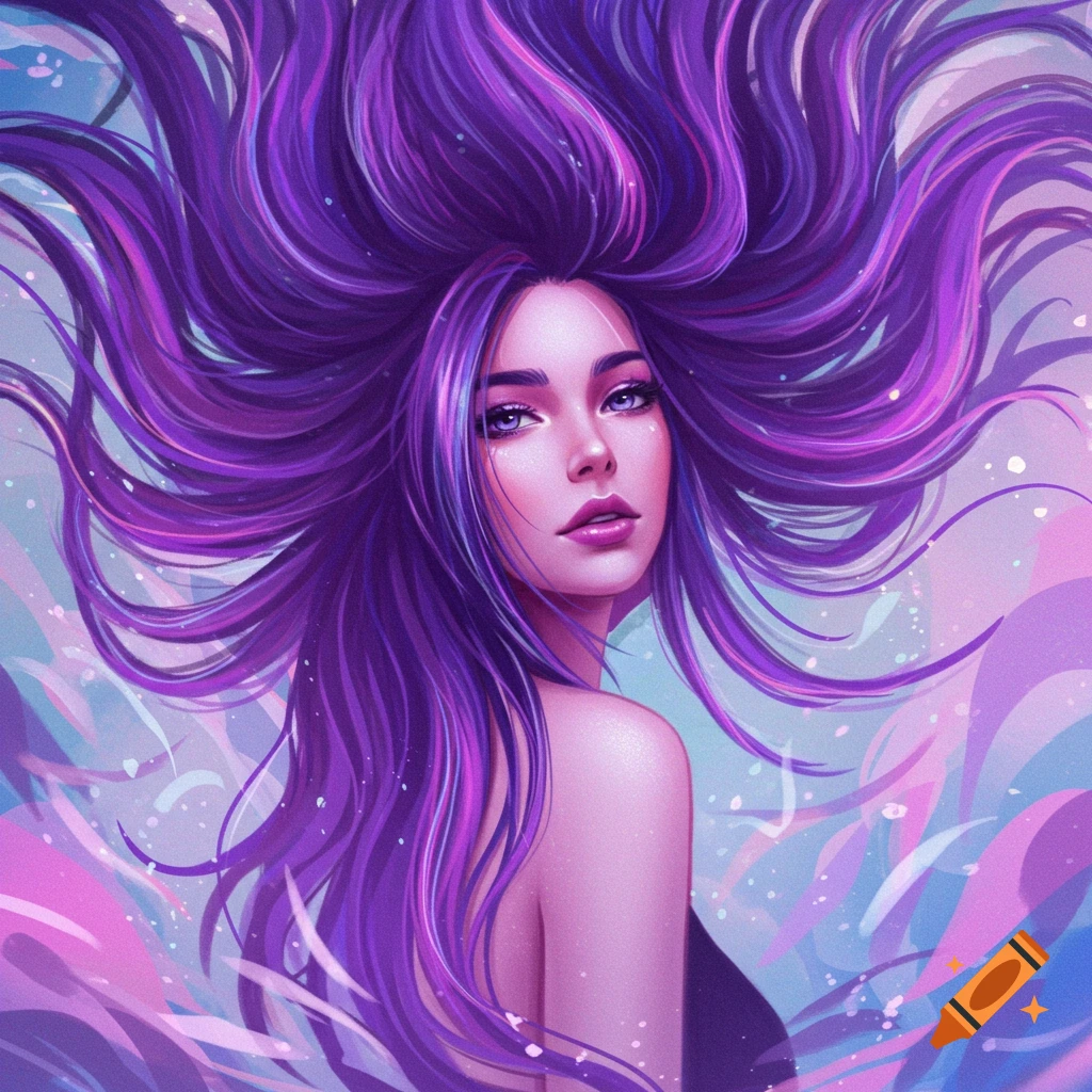 Vibrant digital art portrait of a woman with long, flowing purple hair against a soft, colorful background.