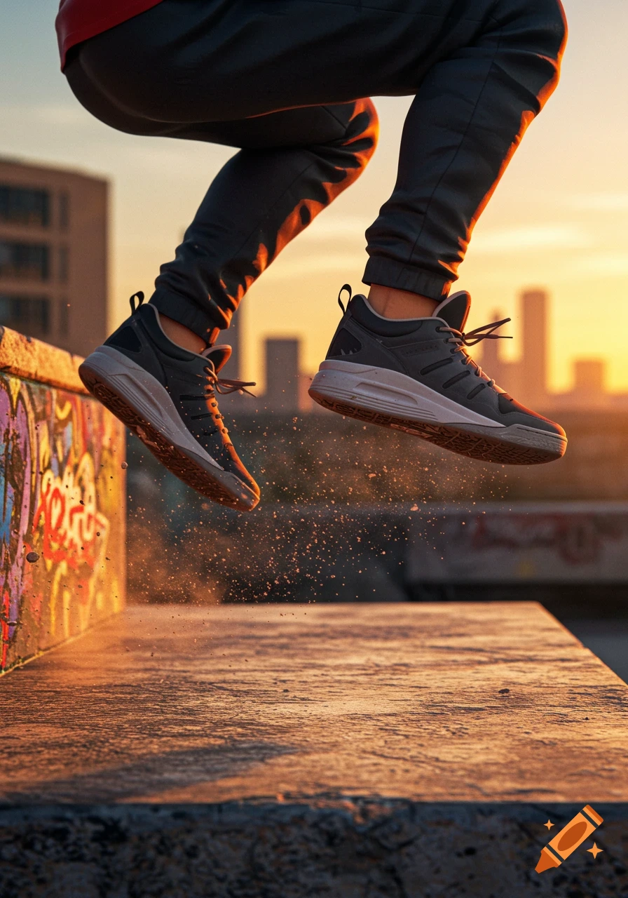 Close-up of a person's legs and feet in sneakers mid-jump over a graffiti-covered concrete ledge at sunset.