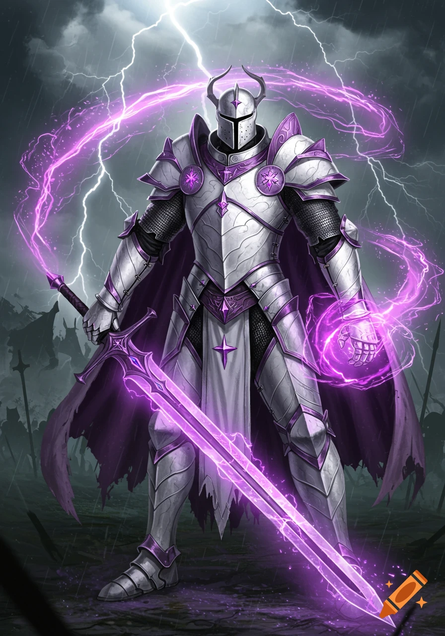 A knight in white and purple plate mail with a horned helmet wields a glowing purple greatsword and arcane energy in a stormy battlefield.