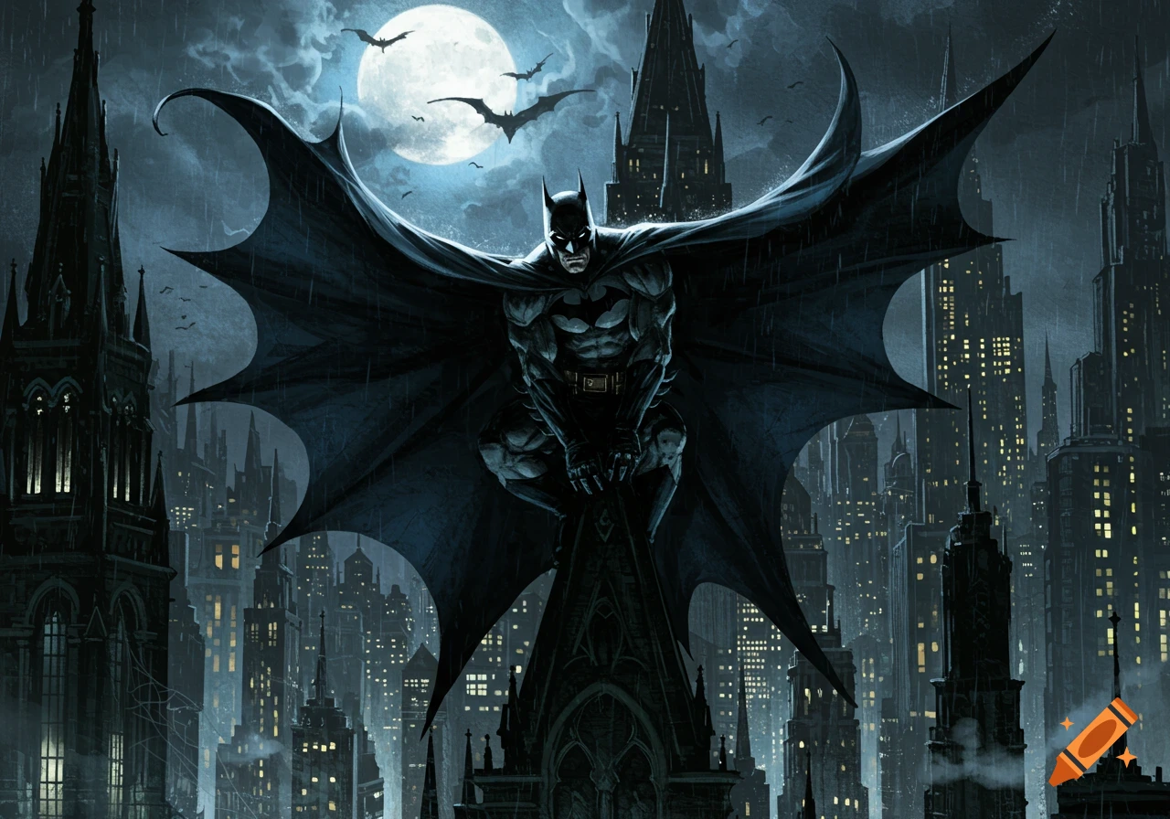 Batman crouches on a gothic building, cape spread like wings, overlooking a dark, rainy city under a full moon with bats flying. Comic art style.