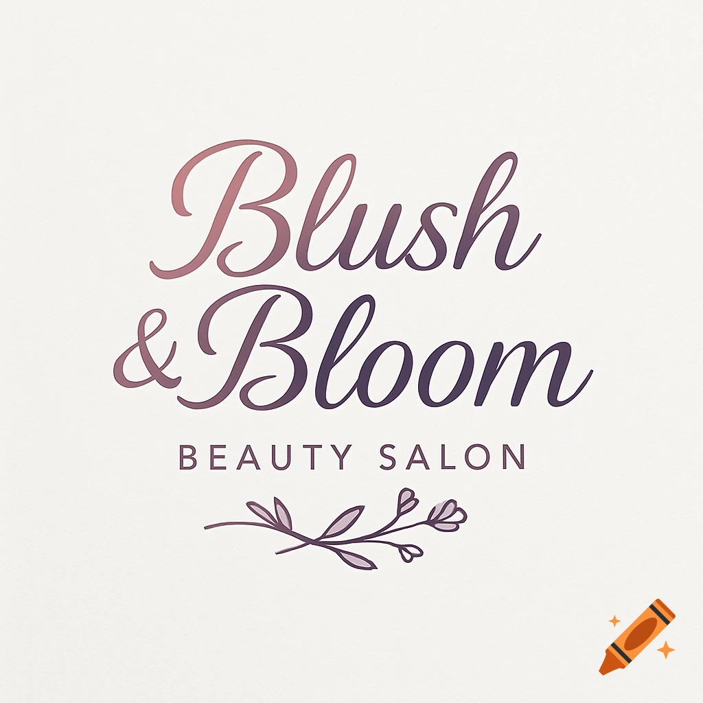 Blush & Bloom Beauty Salon logo with script text, sans-serif tagline, and a floral sprig on a light background.