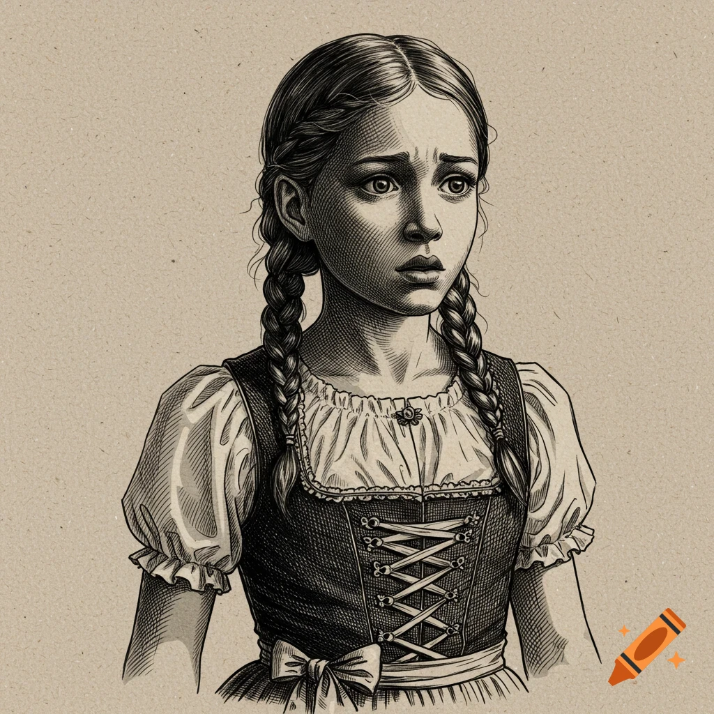 Black and white engraving of an anxious young girl with braided pigtails wearing a traditional dirndl.