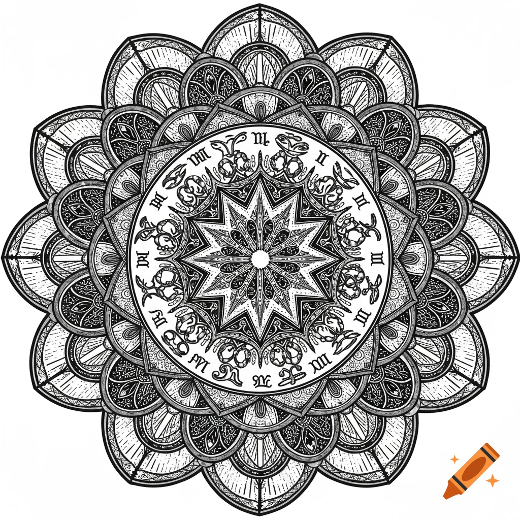Intricate black and white line art mandala with stylized zodiac symbols arranged in a circular pattern.