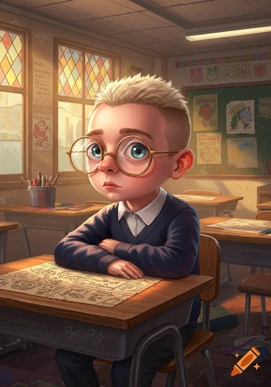 A stylized illustration of a thoughtful schoolboy with blond hair and round glasses sitting at a desk in a classroom.