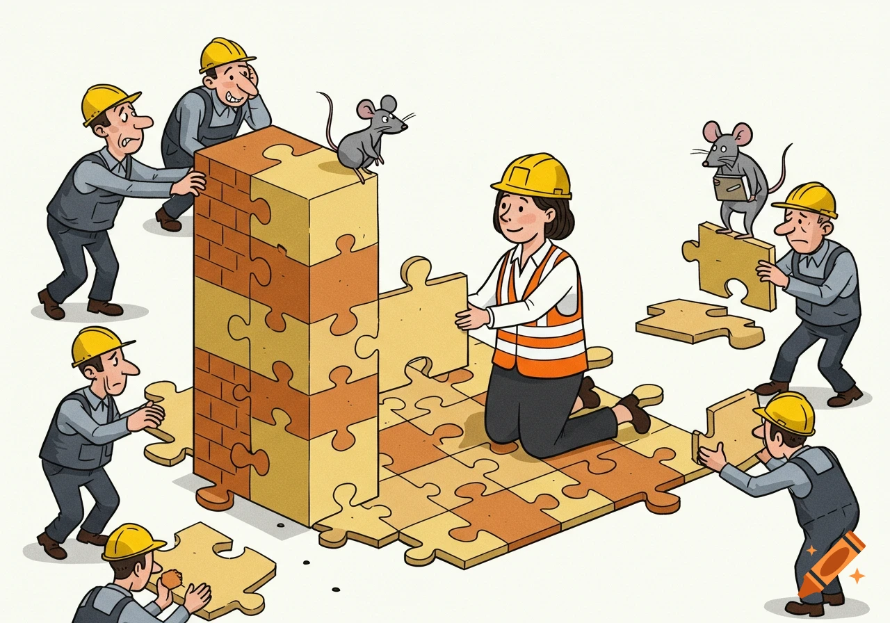 Cartoon illustration of construction workers building a puzzle wall. A female manager calmly places a piece while male workers struggle. Two mice observe.