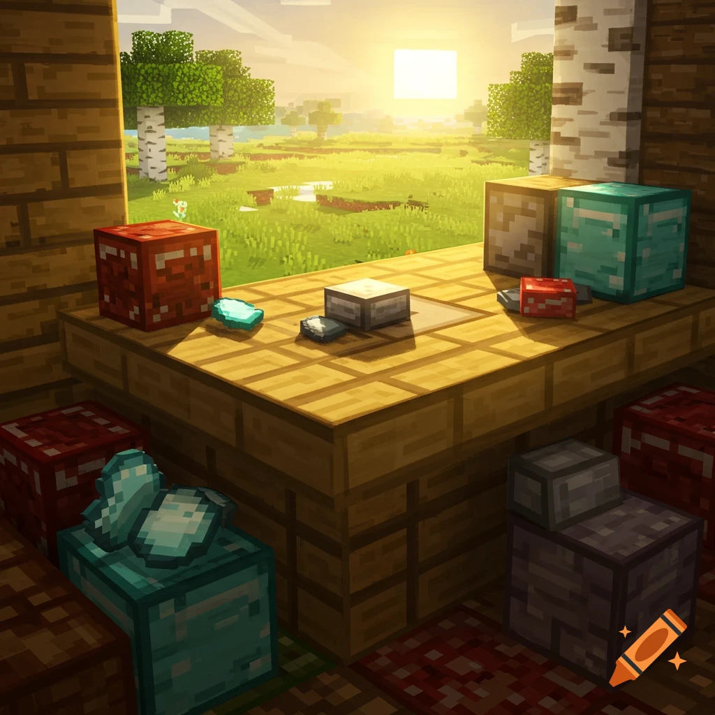 A stylized Minecraft scene shows a wooden table-like structure with various resource blocks and items, overlooking a grassy landscape with trees under a bright sun.