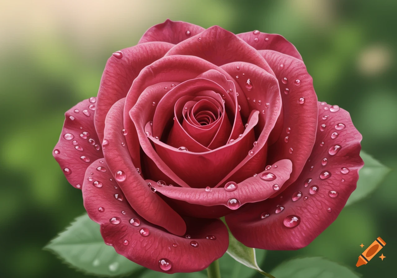 A close-up, photorealistic image of a red rose with water droplets on its petals, set against a soft green background.