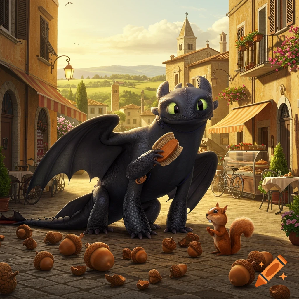 Toothless the dragon holds a brush, looking at a squirrel on a cobblestone street scattered with acorns in a vibrant Italian village.