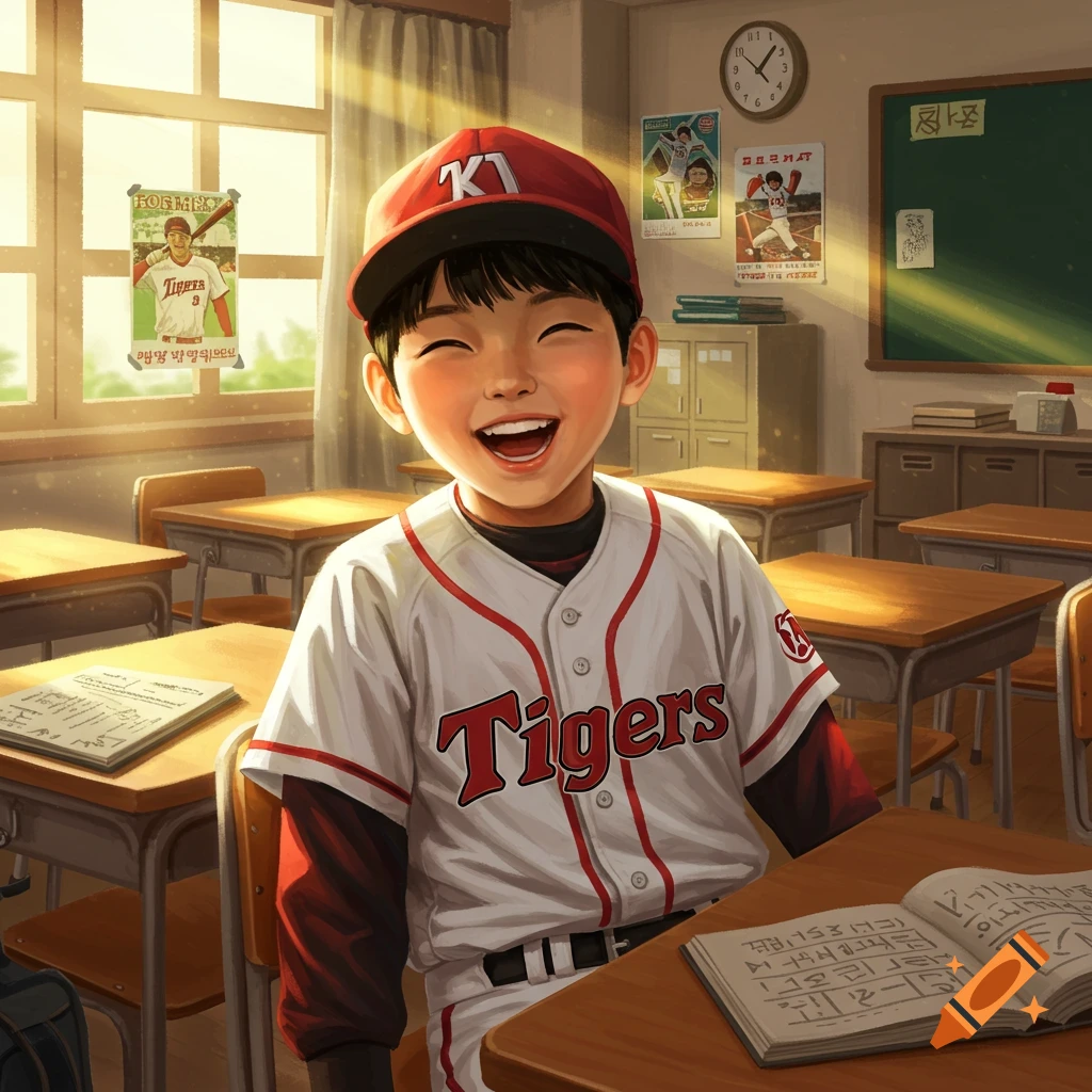 A smiling Korean boy in a Kia Tigers baseball uniform and cap sits at a desk in a sunlit classroom, in an anime-like style.