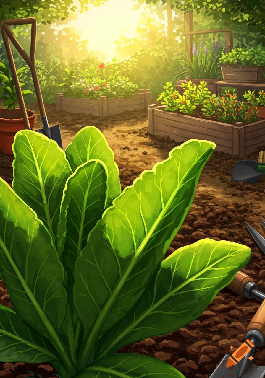 Lush green plants in the foreground of an illustrative garden scene with raised beds, tools, and sunlight.