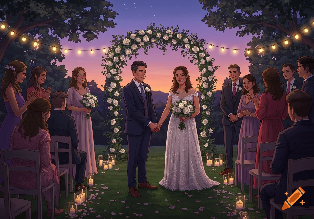 An illustration of an outdoor evening wedding. A couple holds hands under a white floral arch, surrounded by guests and string lights.