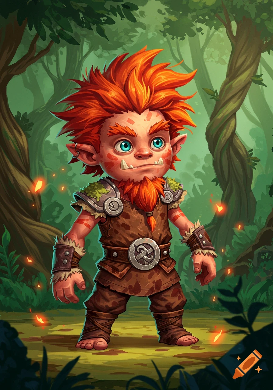 Cartoonish red-haired troll with tusks and armor standing in a lush green forest, animation style.