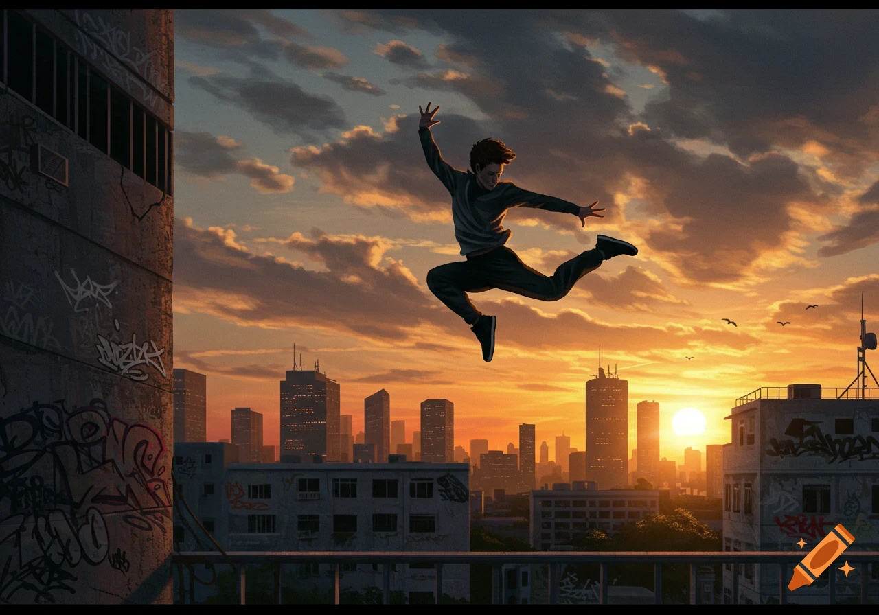 A male figure leaps across rooftops in a city at sunset, digital art style.