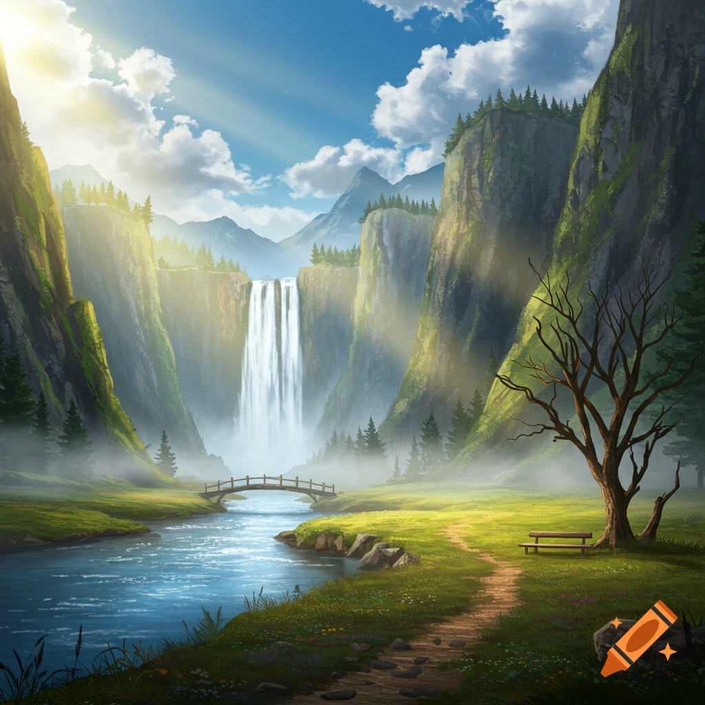 Scenic view of a mountain with a river and waterfall on Craiyon